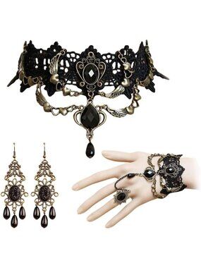 Women's Black Choker Witch Necklace Halloween Black Hand Chain Ring Bracelet Set